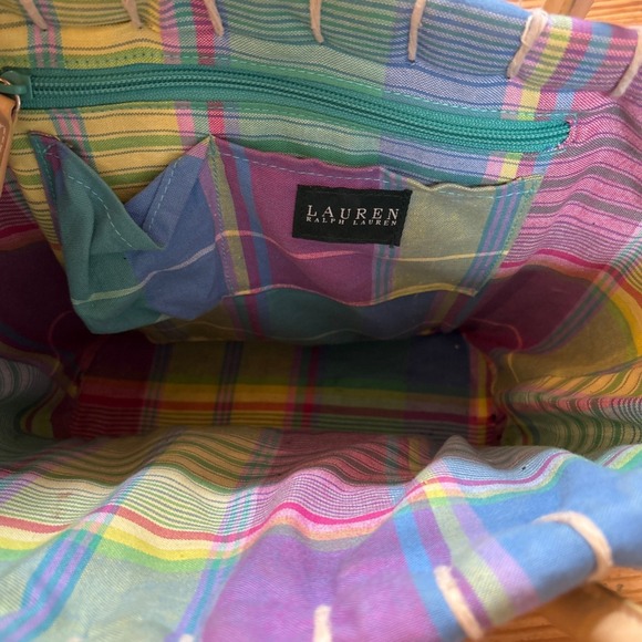 Lauren Ralph Lauren Tote Bag Women Multi Good Plaid Straw Canvas SIZE Medium - Picture 6 of 7